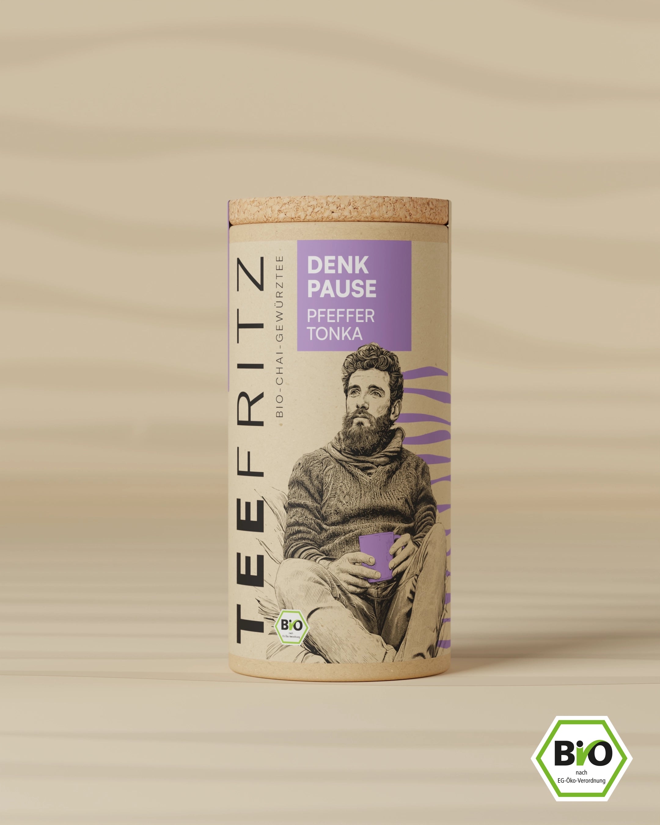 Bio Chai-Gewürztee „Denk Pause“ von TeeFritz – aromatische Mischung mit Pfeffer und Tonka in Pappdose mit Korkdeckel