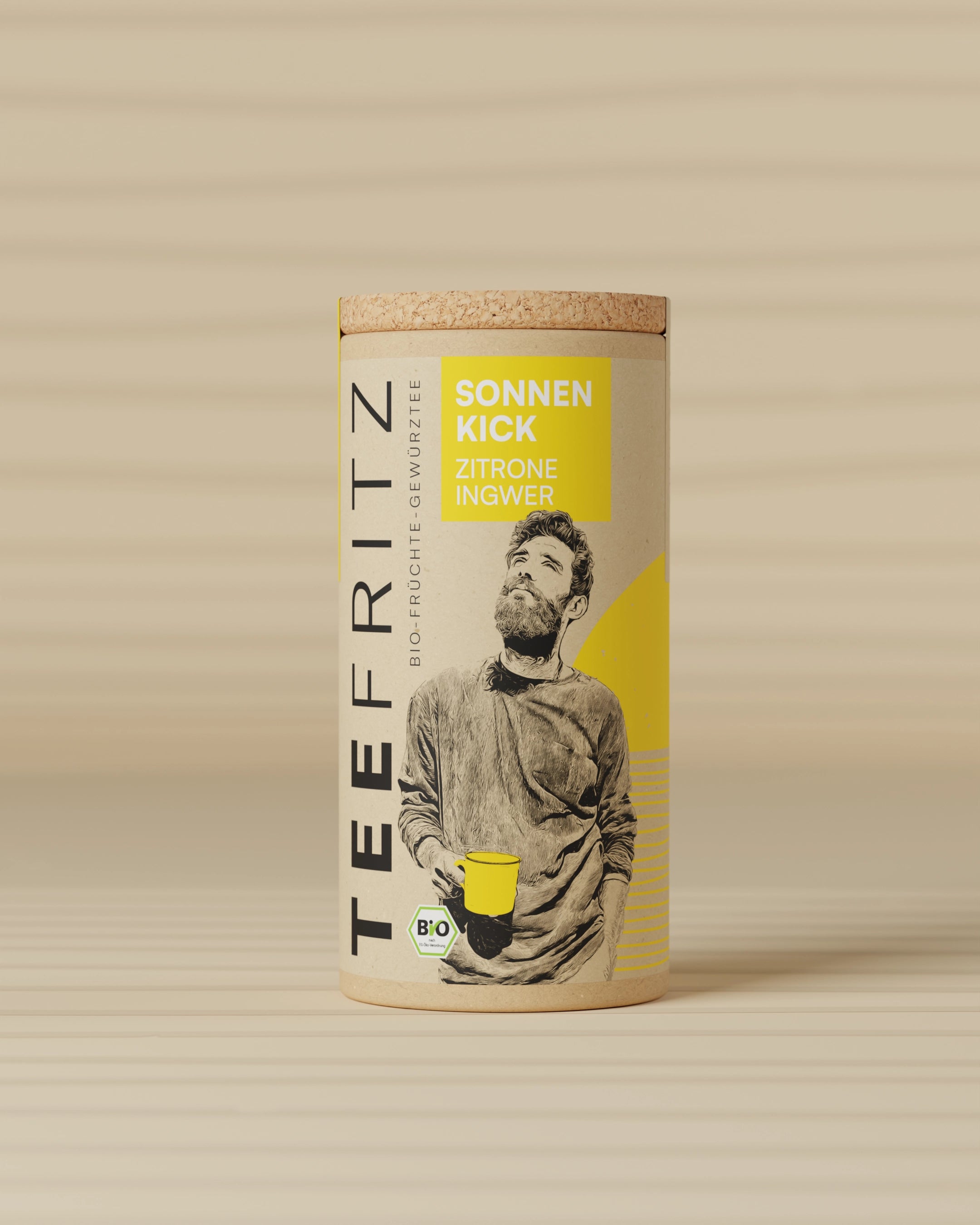 Runde Teedose "Sonnen Kick", mit Illustration eines Mannes und gelbem Hintergrund, Zitrone Ingwer-Geschmack.