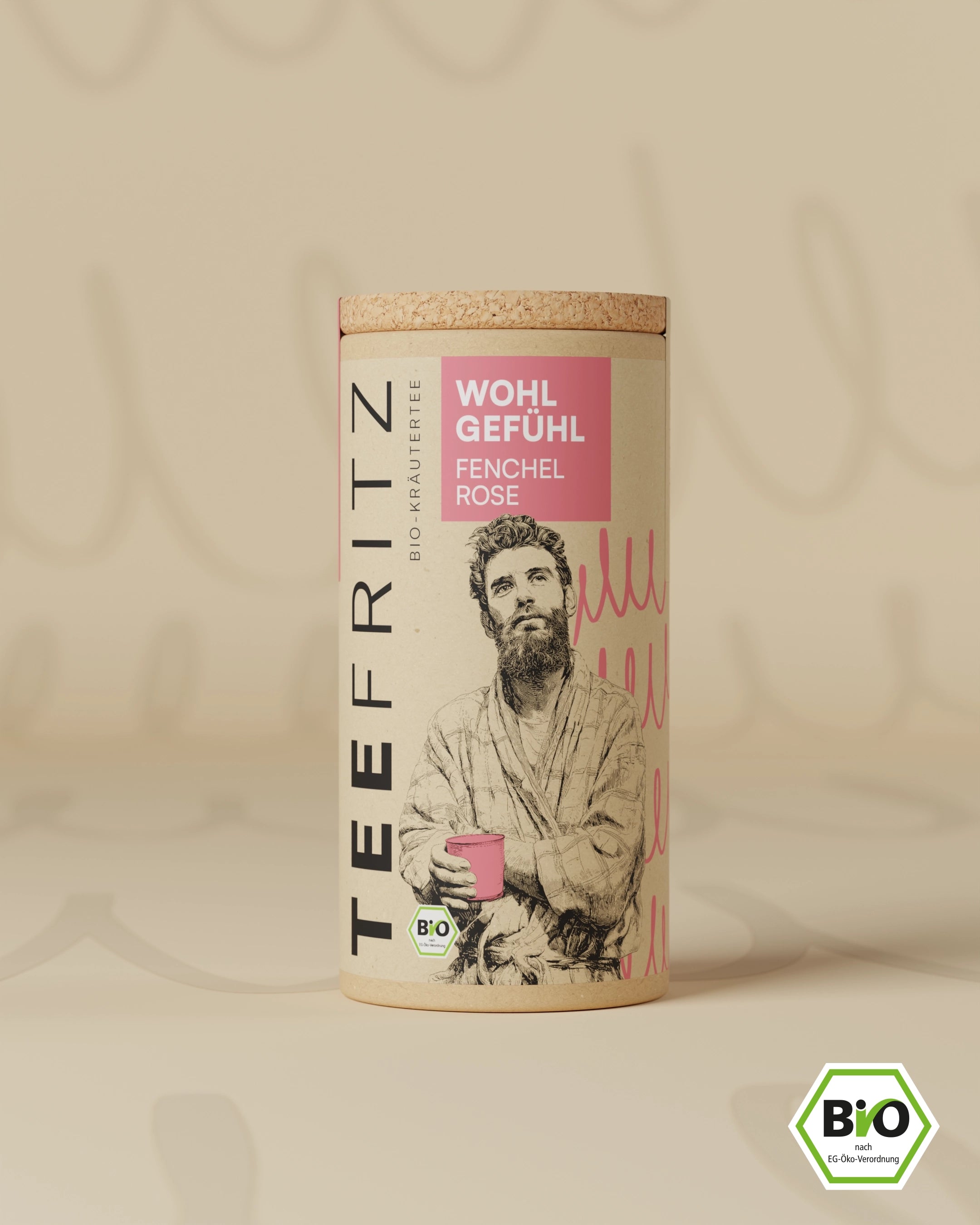 Braune Teeverpackung mit Aufschrift "Wohlgefühl Fenchel Rose" und einer gezeichneten Person, die eine Tasse hält.
